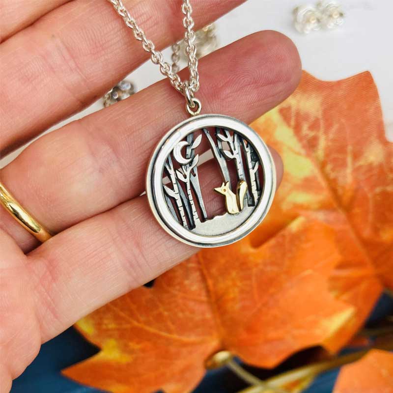 Gold Fox and Silver Moon Woodland Necklace