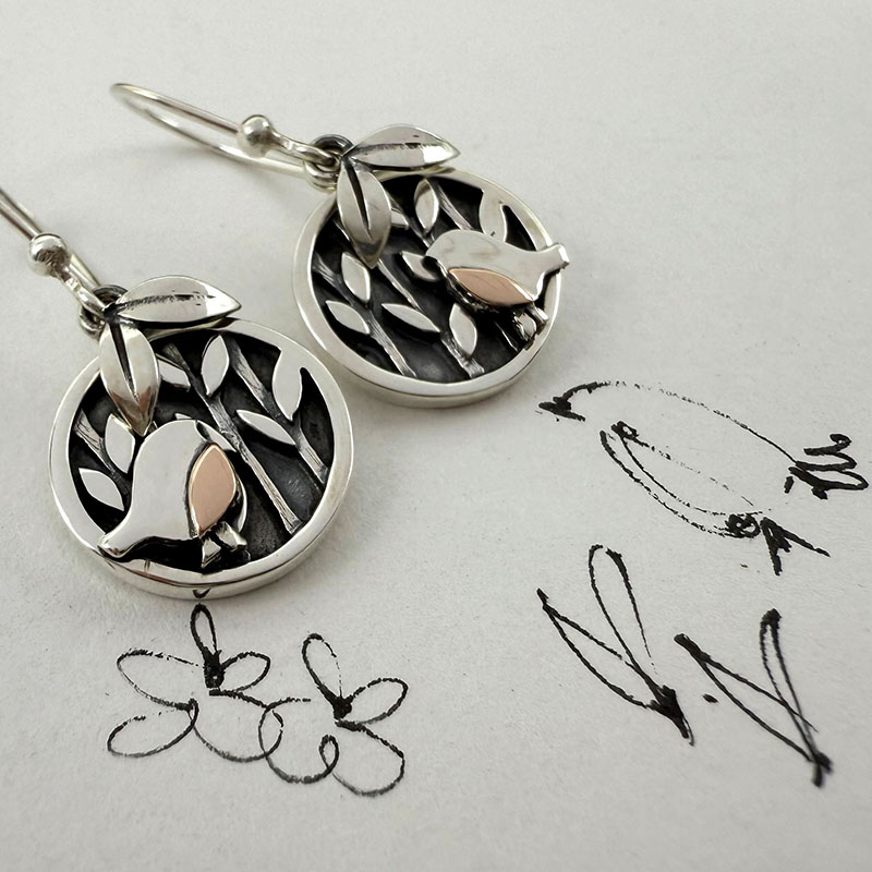 Robin drop earrings in woodland with sketch