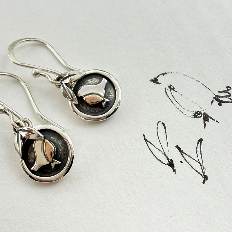 Robin drop earrings with leaves and sketch
