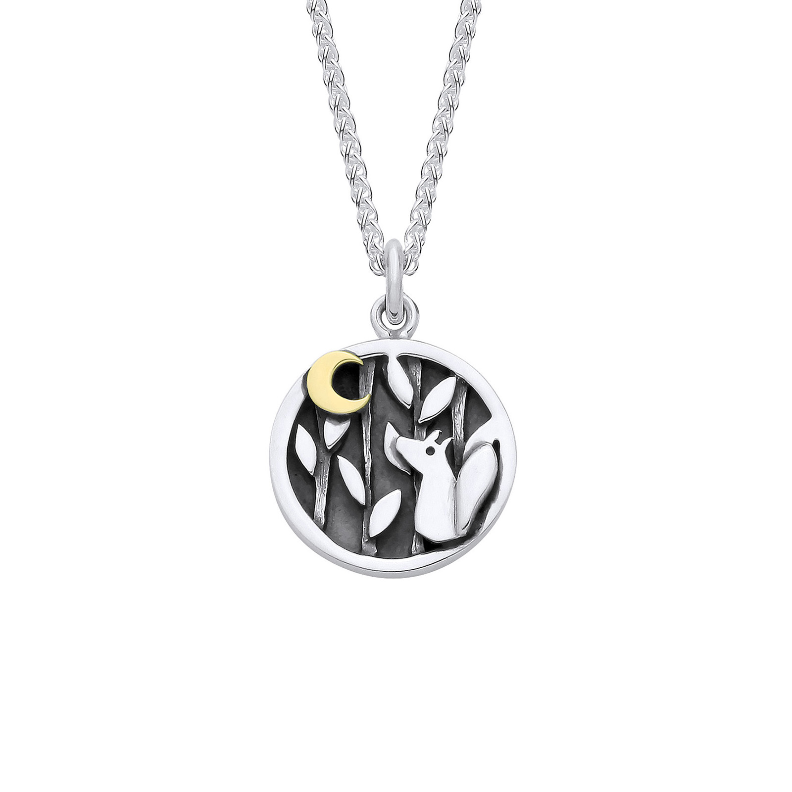 Felix the fox silver pendant, woodland and gold moon