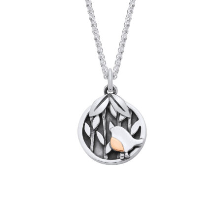 Ruben the robin silver pendant, woodland scene