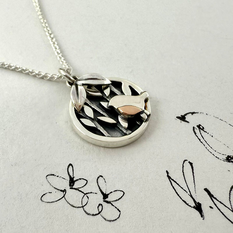 Ruben the robin silver pendant, woodland scene, with sketch